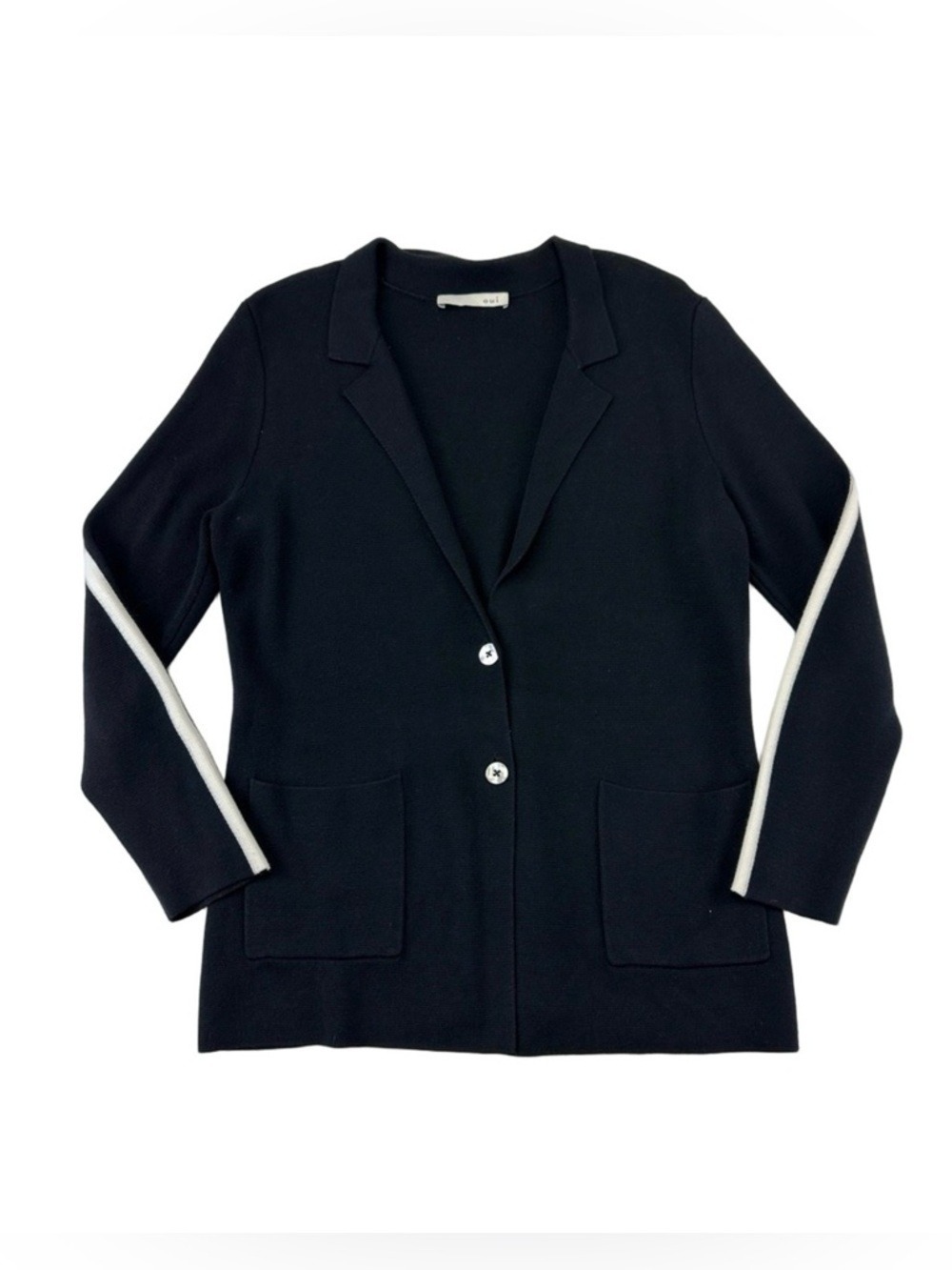 Oui black knit blazer cardigan Womens Size 12 contrasting stripes cotton silk